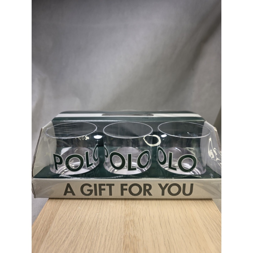 1990s Polo Ralph Lauren Clear Green Logo Patio Glasses Set of 6 "A Gift For You"